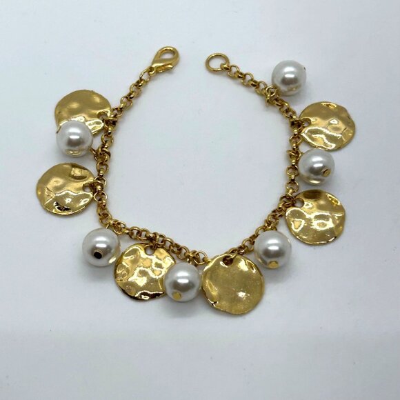 Jewelry - Goldtone Faux Pearl Hammer Disc Charm Bracelet Bridal Elegant Jewelry